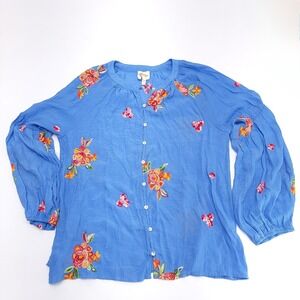 Fig and Flower Anthropologie Top Women Large Blue Embroidered Floral Button Up